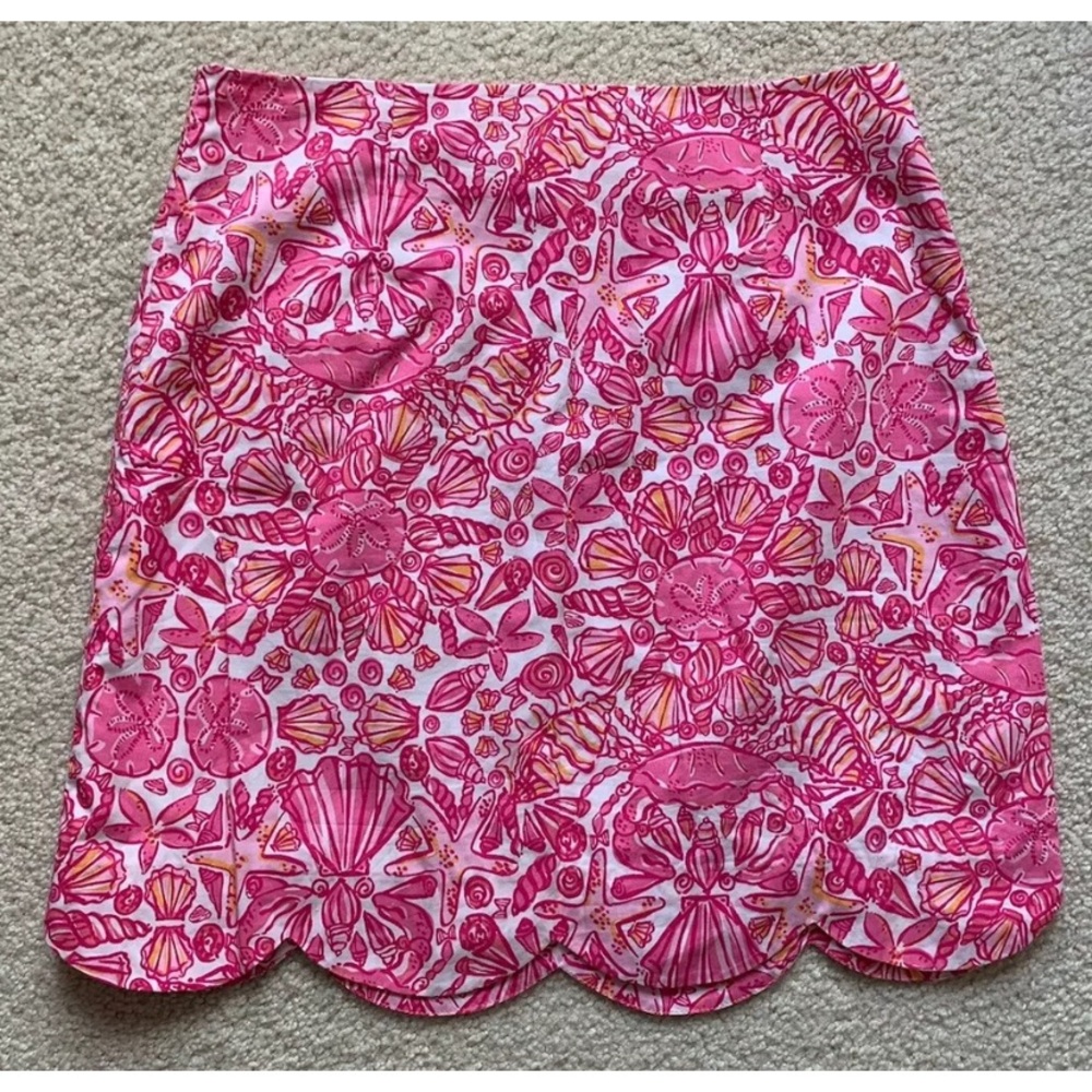 Lilly Pulitzer Lynnie Seashell Mini Skirt Sz 0 Pink scalloped hem Coastal Preppy
